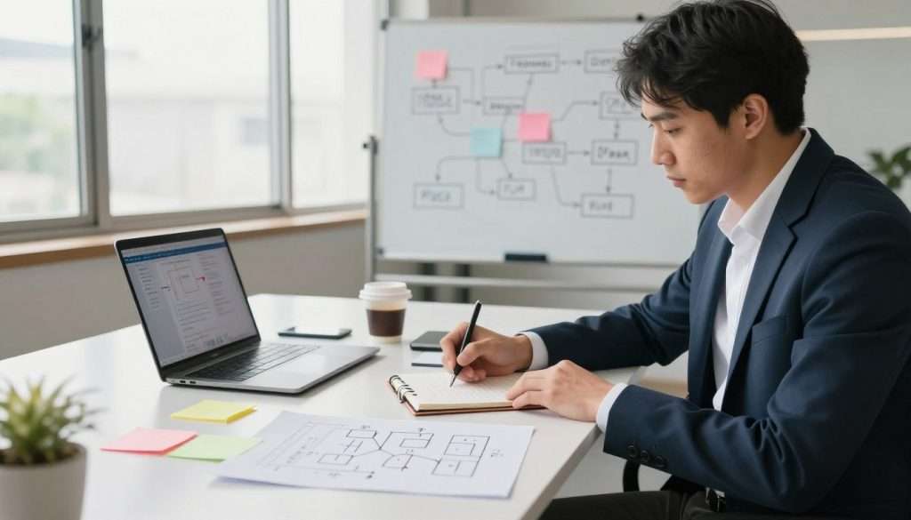 A focused professional sitting at a sleek, modern desk, surrounded by a whiteboard filled with logical diagrams and flowcharts. In the foreground, their hands are poised over a notepad, writing down potential solutions. The middle layer shows a large, organized workspace with a laptop displaying analytical data, colorful sticky notes, and a cup of coffee. In the background, large windows let in soft, natural lighting, illuminating the room and creating a warm, inviting atmosphere. The overall mood is one of concentration and productivity, emphasizing clear problem-solving and logical thinking. The professional is dressed in smart business attire, projecting confidence and determination as they tackle complex challenges. The angle captures the intensity of their focus, with a slightly elevated view to showcase the entire workspace.