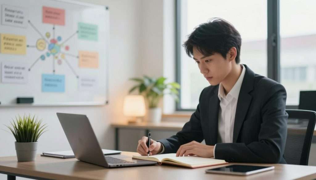 A focused, serene workspace environment showcasing advanced concentration techniques for high performers. In the foreground, a person in professional business attire is seated at a sleek desk, deeply engaged with an open notebook and a laptop, radiating determination. To the left, a wall-mounted whiteboard displays colorful mind maps and motivational quotes, symbolizing organization and focus. In the middle ground, softly glowing desk plants enhance the atmosphere of productivity. The background features large windows with soft natural light streaming in, illuminating the space and creating a calm yet energizing vibe. Use a shallow depth of field to emphasize the subject while gently blurring the background elements. The overall mood is one of clarity, focus, and inspiration, setting the stage for advanced concentration techniques.