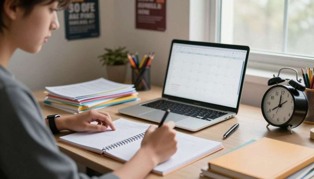 A focused student sitting at a well-organized desk cluttered with colorful study materials and a digital planner, symbolizing effective time management. The foreground features a close-up of her hands actively arranging notes while a ticking clock is visible, emphasizing time constraints. In the middle, a laptop displays a calendar filled with deadlines and reminders. The background reveals a cozy study space with motivational posters on the walls, warm, soft lighting creating an inviting atmosphere. A large window lets in daylight, casting gentle shadows and suggesting a sense of calm focus. The mood is studious yet serene, capturing the struggle of overthinking while effectively managing time.
