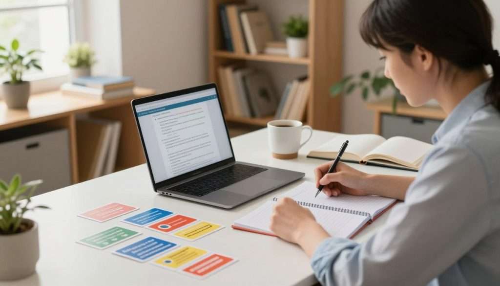 A focused study environment illustrating the concept of active recall. In the foreground, a student, dressed in professional casual clothing, is deeply engaged in studying, surrounded by flashcards and notebooks. The middle layer contains a well-organized desk with a laptop open, displaying study materials, and a cup of coffee for an inviting atmosphere. The background features a cozy, well-lit room filled with bookshelves, plants, and warm light filtering through a window, creating a calm yet focused mood. The composition should capture the essence of concentration and efficient studying, emphasizing clarity and order. Use soft lighting to enhance the peaceful ambiance, with a slightly blurred background for depth.