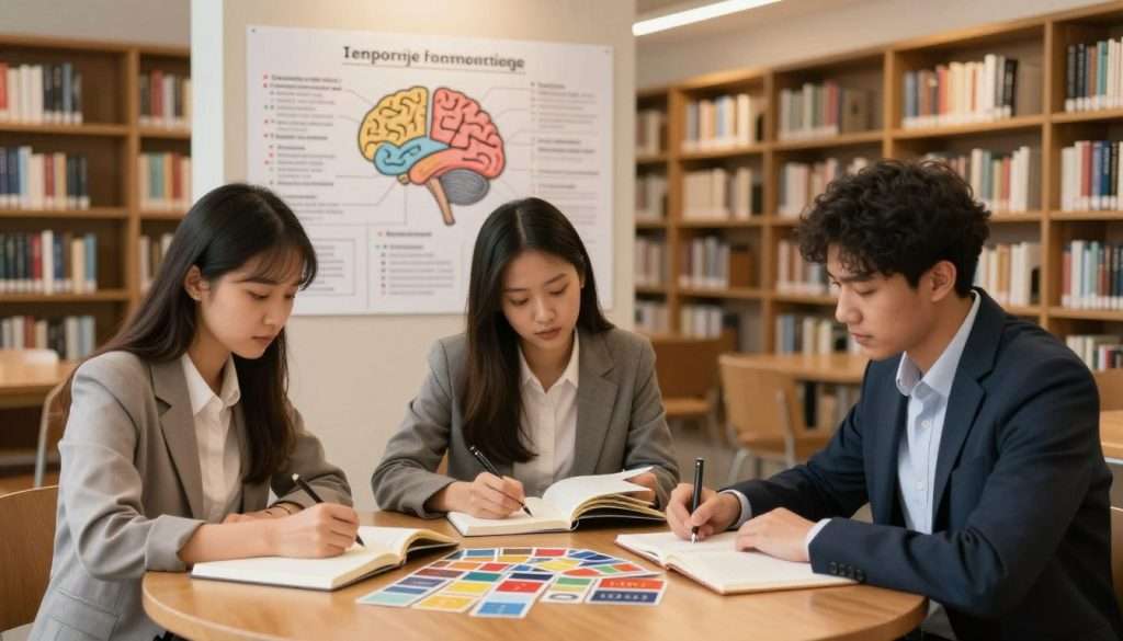 A focused study scene set in a cozy, well-lit library, emphasizing the concept of improving memory recall through interleaving study techniques. In the foreground, a diverse group of three students—two females and one male, dressed in professional smart-casual attire—are actively engaged at a round wooden table covered with open notebooks, textbooks, and colorful flashcards. The middle of the composition showcases a wall filled with inspiring brain maps and study charts, emphasizing effective learning strategies. In the background, rows of bookshelves and soft, golden lighting create a warm, inviting atmosphere. The camera angle is slightly elevated, capturing the students’ expressions of focus and determination, evoking a mood of motivation and intellectual curiosity.