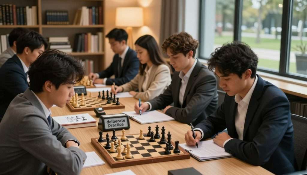 A focused study session capturing the essence of "deliberate practice." In the foreground, a diverse group of individuals, dressed in professional business attire, intensely engaged in a game of chess, with one player analyzing the board and taking notes on a notepad beside them. In the middle ground, a well-organized study space filled with books on chess strategy, diagrams of famous games, and chess clocks. In the background, warm, ambient lighting creates a cozy yet serious atmosphere, with a large window showing a view of a tranquil park outside. The image conveys a sense of concentration and intellectual engagement, emphasizing the importance of focused practice for mastering complex skills. A focused study session capturing the essence of "deliberate practice." In the foreground, a diverse group of individuals, dressed in professional business attire, intensely engaged in a game of chess, with one player analyzing the board and taking notes on a notepad beside them. In the middle ground, a well-organized study space filled with books on chess strategy, diagrams of famous games, and chess clocks. In the background, warm, ambient lighting creates a cozy yet serious atmosphere, with a large window showing a view of a tranquil park outside. The image conveys a sense of concentration and intellectual engagement, emphasizing the importance of focused practice for mastering complex skills.