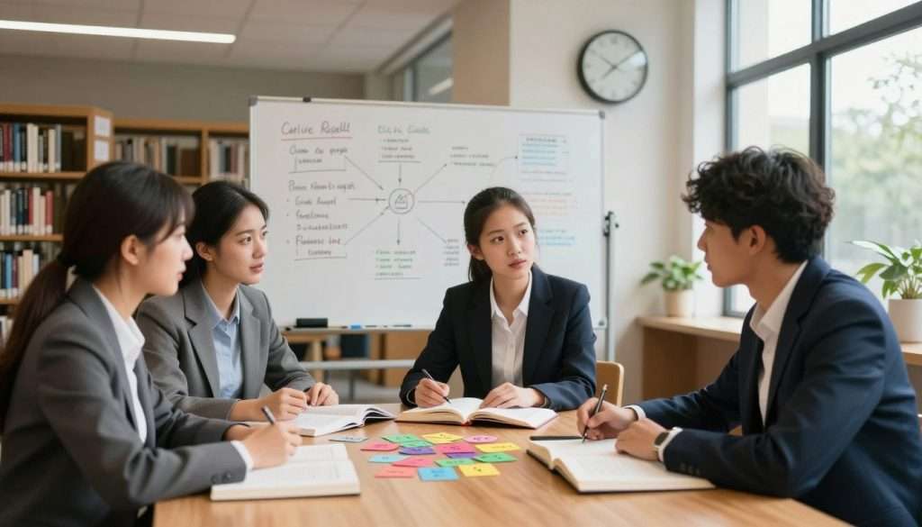 A focused study session in an inviting, well-lit library setting. In the foreground, a diverse group of three young adults, dressed in professional business attire, are engaged in a dynamic discussion around a wooden table strewn with open books and colorful flashcards, symbolizing active recall. In the middle, a large whiteboard displays neatly written notes and diagrams connecting concepts, while a digital clock hangs on the wall, indicating a structured study period. In the background, shelves filled with books and soft sunlight streaming through large windows create a warm, inspiring atmosphere. The lighting is bright but soft, emphasizing concentration and collaboration. The overall mood is motivational and productive, capturing the essence of mastering active recall as a tool for validating knowledge. A focused study session in an inviting, well-lit library setting. In the foreground, a diverse group of three young adults, dressed in professional business attire, are engaged in a dynamic discussion around a wooden table strewn with open books and colorful flashcards, symbolizing active recall. In the middle, a large whiteboard displays neatly written notes and diagrams connecting concepts, while a digital clock hangs on the wall, indicating a structured study period. In the background, shelves filled with books and soft sunlight streaming through large windows create a warm, inspiring atmosphere. The lighting is bright but soft, emphasizing concentration and collaboration. The overall mood is motivational and productive, capturing the essence of mastering active recall as a tool for validating knowledge.