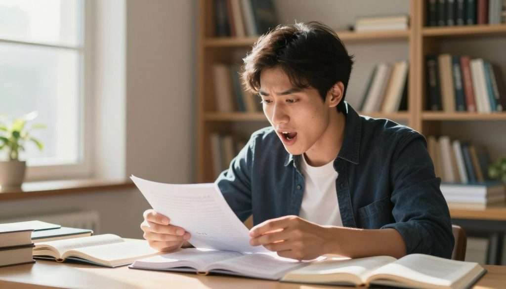 A focused young adult man studying at a desk, passionately vocalizing his notes. He wears smart casual attire, surrounded by open books and notes scattered around him. In the foreground, emphasize the man's expressive face and lips moving as he speaks, capturing the essence of verbal learning. The middle background features a bright, organized study space with a window letting in warm, natural light that casts soft shadows. Bookshelves filled with textbooks create an academic atmosphere. In the distant background, a plant adds a touch of life. The overall mood is energetic and inspiring, reflecting the power of studying out loud to enhance memory, with a shallow depth of field to draw attention to the subject.