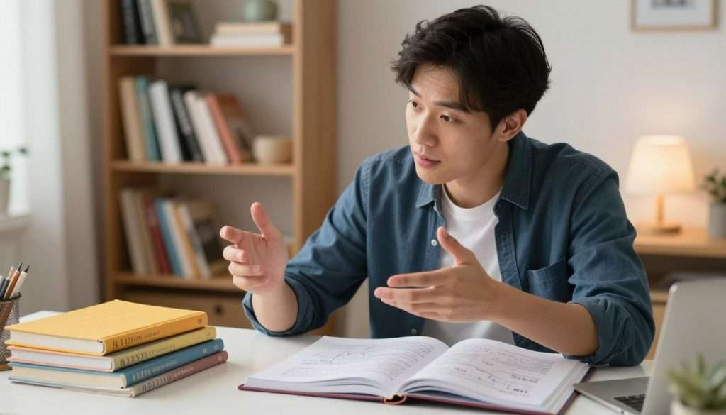 A focused, young adult studying at a tidy desk in a cozy, well-lit room, embodying the Feynman Learning Method. In the foreground, a stack of colorful notebooks and textbooks are open, with handwritten notes and diagrams illustrating complex concepts. The middle ground features the student, dressed in smart casual attire, intently explaining ideas to an imaginary audience, using gestures to emphasize key points. The background reveals a comfortable bookshelf filled with science and philosophy books, warm ambient light coming from a lamp, creating an inviting atmosphere for learning. The overall mood is one of curiosity and determination, evoking a sense of effective learning and engagement. Capture with a soft focus to enhance the studious ambiance.