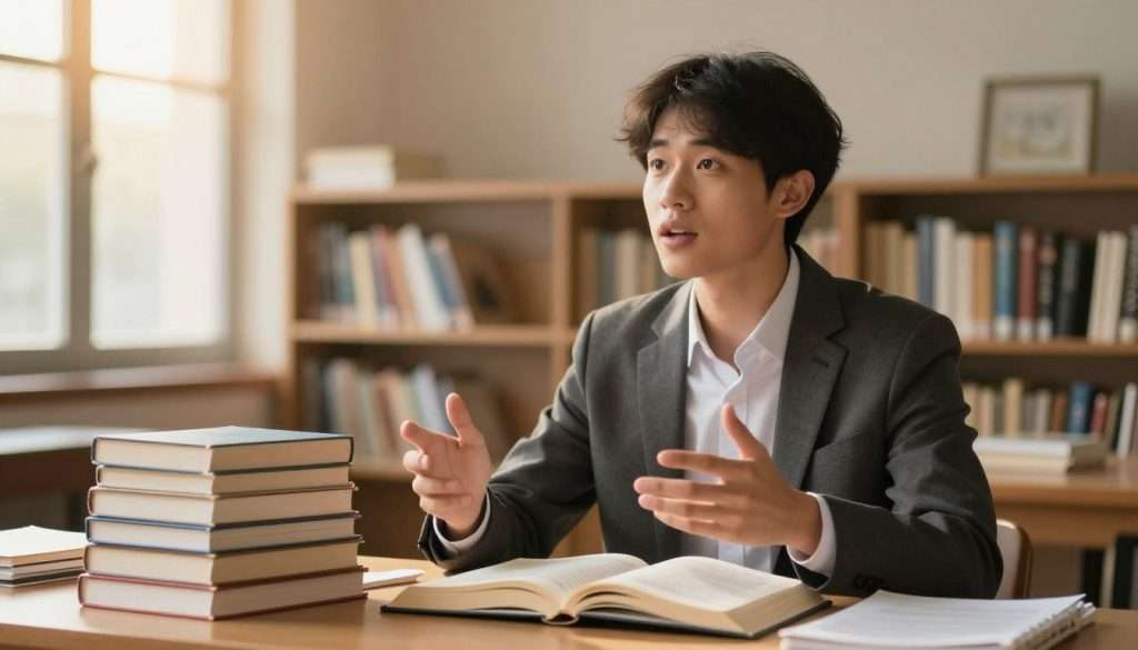 A focused young adult studying in a cozy library setting, standing confidently while verbally engaging with a stack of open books. In the foreground, the individual, wearing professional business attire, speaks animatedly, gesturing with their hands to emphasize points. The middle ground features shelves lined with neatly organized books, with a few scattered study materials around, suggesting an active learning process. The background reveals warm, golden light filtering through large windows, creating an inviting atmosphere. A soft depth of field blurs the background slightly, keeping the emphasis on the student and their materials. The mood is uplifting and empowering, reflecting the transformative impact of studying aloud on overcoming social anxiety and building confidence.