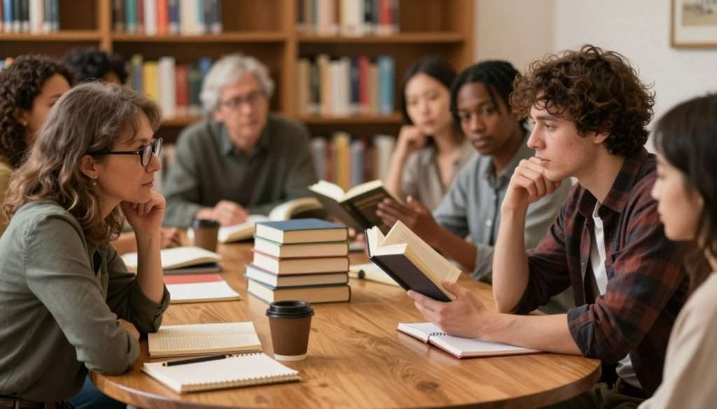 A group of diverse individuals engaged in a thoughtful book discussion around a circular wooden table. In the foreground, a middle-aged woman with glasses leans forward, her expression thoughtful, as she holds a well-worn paperback, while a young man with tousled hair and a plaid shirt gestures animatedly. The middle layer includes a variety of books stacked on the table, alongside notebooks and coffee cups, symbolizing intellectual engagement. In the background, a cozy library with bookshelves filled with colorful books and soft, warm lighting creates an inviting atmosphere. The scene captures a mood of intense focus and camaraderie, with a focal length that highlights the participants’ expressions while blurring the backdrop slightly, enhancing the sense of intimacy and concentration. A group of diverse individuals engaged in a thoughtful book discussion around a circular wooden table. In the foreground, a middle-aged woman with glasses leans forward, her expression thoughtful, as she holds a well-worn paperback, while a young man with tousled hair and a plaid shirt gestures animatedly. The middle layer includes a variety of books stacked on the table, alongside notebooks and coffee cups, symbolizing intellectual engagement. In the background, a cozy library with bookshelves filled with colorful books and soft, warm lighting creates an inviting atmosphere. The scene captures a mood of intense focus and camaraderie, with a focal length that highlights the participants’ expressions while blurring the backdrop slightly, enhancing the sense of intimacy and concentration.