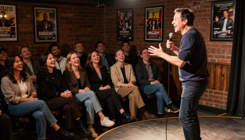 A lively scene of a stand-up comedian performing on stage in a cozy comedy club setting. In the foreground, the comedian, a middle-aged person in smart casual attire, animatedly gestures, their face expressing joy and excitement. In the middle ground, the audience is engaged, laughing and captivated, a diverse group of people dressed in casual yet professional clothing. Soft, warm lighting illuminates the stage with a spotlight on the performer, creating a cheerful atmosphere. The background features a brick wall adorned with framed comedy show posters, adding to the club's inviting ambiance. The overall mood is light-hearted and energetic, emphasizing the importance of storytelling in building memory recall.