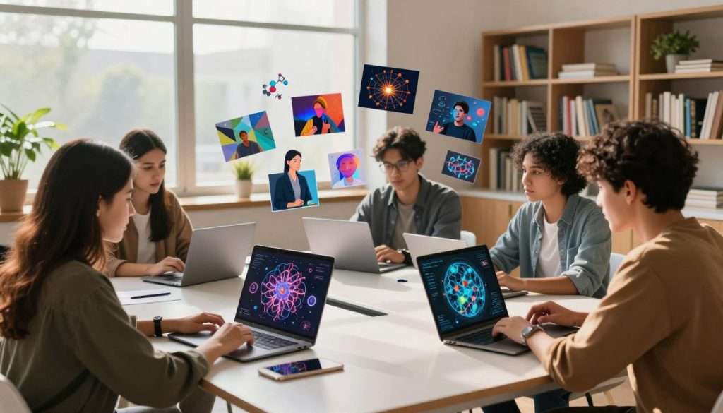 A luminous study room bathed in soft, natural light from a large window, casting gentle shadows. In the foreground, a diverse group of students—two women and one man—are gathered around a sleek, modern table with laptops open, engaging in collaborative learning. Each student has a distinct AI-generated visualization displayed on their screens, depicting complex concepts like neural networks and molecular structures. In the middle ground, colorful images float in the air, illustrating the ideas they're discussing, merging technology and learning seamlessly. The background shows bookshelves filled with educational materials, plants adding a touch of warmth. The atmosphere is dynamic and inspiring, encouraging creativity and teamwork in academic pursuits. Aim for a warm color palette, focusing on a realistic and professional aesthetic. A luminous study room bathed in soft, natural light from a large window, casting gentle shadows. In the foreground, a diverse group of students—two women and one man—are gathered around a sleek, modern table with laptops open, engaging in collaborative learning. Each student has a distinct AI-generated visualization displayed on their screens, depicting complex concepts like neural networks and molecular structures. In the middle ground, colorful images float in the air, illustrating the ideas they're discussing, merging technology and learning seamlessly. The background shows bookshelves filled with educational materials, plants adding a touch of warmth. The atmosphere is dynamic and inspiring, encouraging creativity and teamwork in academic pursuits. Aim for a warm color palette, focusing on a realistic and professional aesthetic.