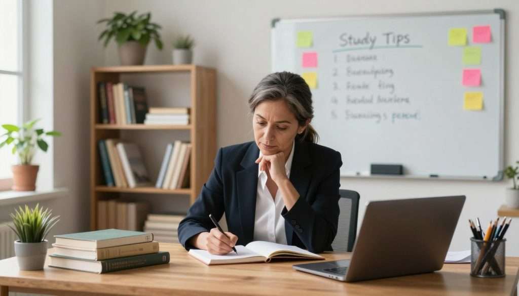 A mature student studying in a cozy, well-lit home office. In the foreground, a focused adult woman in professional attire is seated at a wooden desk, surrounded by notebooks, textbooks, and a laptop. She is taking notes diligently, with a thoughtful expression. In the middle ground, a whiteboard displays study tips, and colorful sticky notes are scattered on the wall, creating an organized yet dynamic learning environment. The background features a shelf filled with educational books and a potted plant, adding warmth to the scene. Soft, natural light filters through a window, casting a gentle glow, creating a motivating and inspiring atmosphere that reflects resilience and determination. The composition is captured from a slightly elevated angle to emphasize the study setup. A mature student studying in a cozy, well-lit home office. In the foreground, a focused adult woman in professional attire is seated at a wooden desk, surrounded by notebooks, textbooks, and a laptop. She is taking notes diligently, with a thoughtful expression. In the middle ground, a whiteboard displays study tips, and colorful sticky notes are scattered on the wall, creating an organized yet dynamic learning environment. The background features a shelf filled with educational books and a potted plant, adding warmth to the scene. Soft, natural light filters through a window, casting a gentle glow, creating a motivating and inspiring atmosphere that reflects resilience and determination. The composition is captured from a slightly elevated angle to emphasize the study setup.