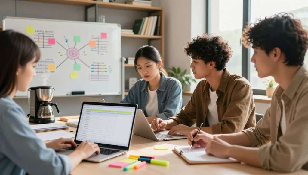 A modern, sleek study space featuring a diverse group of three students collaborating. In the foreground, a laptop displays a digital study planner, while sticky notes and highlighters are scattered around, symbolizing organizational tools. The middle ground includes a whiteboard with colorful mind maps and diagrams, accompanied by a coffee maker steaming softly, enhancing focus and motivation. The background showcases shelves filled with academic books and a window letting in warm, natural sunlight, creating an inviting atmosphere. The overall mood is energetic yet relaxed, emphasizing the use of technology and collaboration to simplify studying tasks. The students are dressed in casual but professional attire, maintaining a tidy and focused environment.