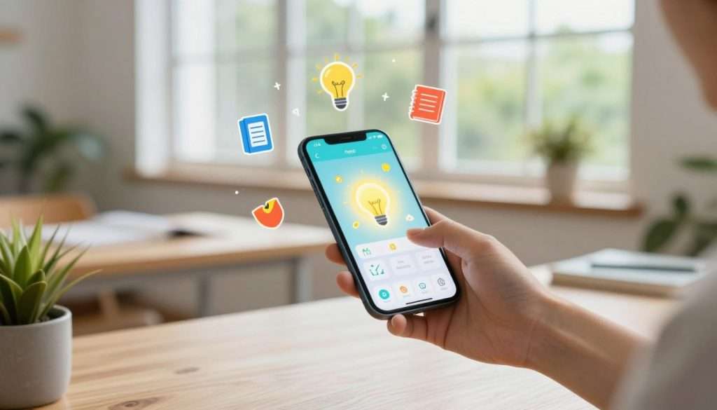 A modern smartphone transforms into a vibrant learning aid, surrounded by colorful educational icons like books, light bulbs, and graphs. In the foreground, a hand reaches for the phone, which displays an interactive learning app, glowing softly with an inviting light. The middle layer features a cozy, well-lit study space with a wooden desk and plants, creating a warm atmosphere conducive to learning. In the background, a large window lets in natural light, with a pleasant view of greenery outside, enhancing the mood of inspiration. The focus is sharp on the phone and hand, captured with a slight bokeh effect in the background, suggesting clarity and purpose in building sustainable learning habits. A modern smartphone transforms into a vibrant learning aid, surrounded by colorful educational icons like books, light bulbs, and graphs. In the foreground, a hand reaches for the phone, which displays an interactive learning app, glowing softly with an inviting light. The middle layer features a cozy, well-lit study space with a wooden desk and plants, creating a warm atmosphere conducive to learning. In the background, a large window lets in natural light, with a pleasant view of greenery outside, enhancing the mood of inspiration. The focus is sharp on the phone and hand, captured with a slight bokeh effect in the background, suggesting clarity and purpose in building sustainable learning habits.