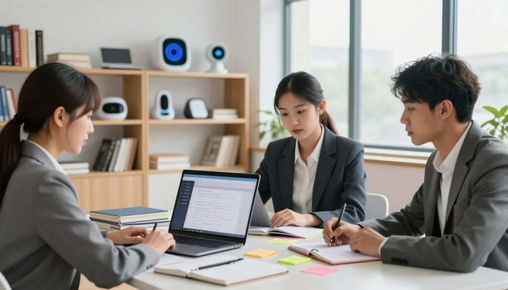 A modern study space featuring a diverse group of three young adults seated around a sleek table, deeply engaged in effective study strategies enhanced by AI tools. In the foreground, a laptop displays an AI-driven study app, while notebooks and colorful sticky notes are scattered around, showcasing organized study methods. The middle ground shows shelves filled with books and futuristic gadgets. In the background, large windows allow natural light to flood the room, creating a bright and inspiring atmosphere. The individuals are dressed in professional business attire, exhibiting focused expressions. The overall mood is one of productivity and collaboration, highlighting the synergy between human intellect and artificial intelligence in academic success. The lighting is bright and inviting, creating a positive and dynamic study environment. A modern study space featuring a diverse group of three young adults seated around a sleek table, deeply engaged in effective study strategies enhanced by AI tools. In the foreground, a laptop displays an AI-driven study app, while notebooks and colorful sticky notes are scattered around, showcasing organized study methods. The middle ground shows shelves filled with books and futuristic gadgets. In the background, large windows allow natural light to flood the room, creating a bright and inspiring atmosphere. The individuals are dressed in professional business attire, exhibiting focused expressions. The overall mood is one of productivity and collaboration, highlighting the synergy between human intellect and artificial intelligence in academic success. The lighting is bright and inviting, creating a positive and dynamic study environment.