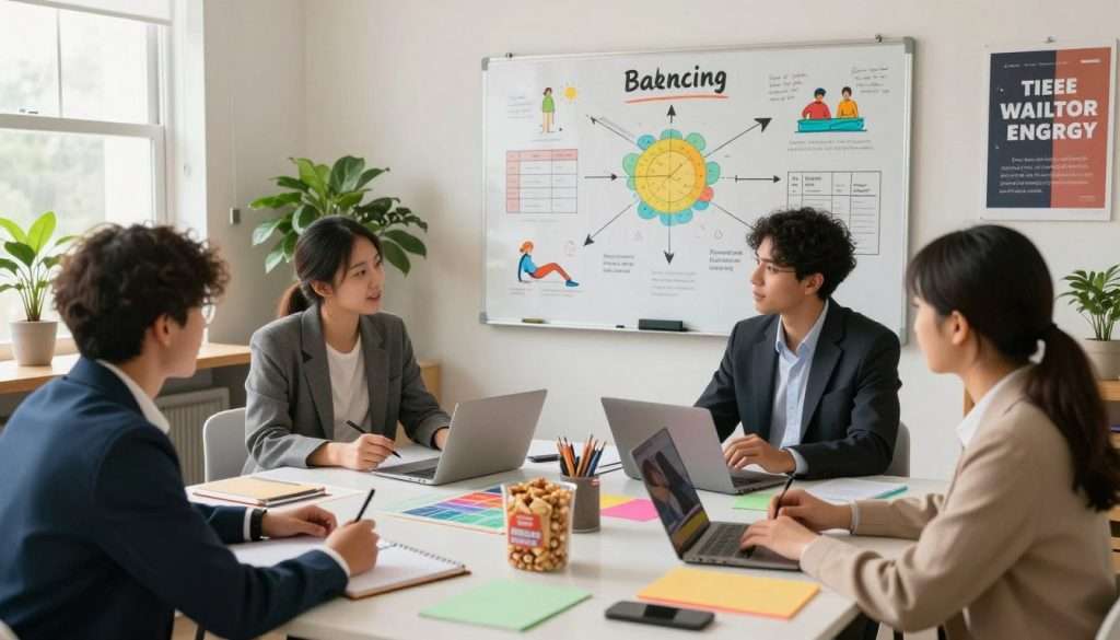 A modern study space for a student focused on managing energy instead of time. In the foreground, a diverse group of three students, each dressed in professional business attire, are engaged in discussion around a large table covered with colorful planners, energy-boosting snacks, and digital devices. In the middle ground, a large whiteboard filled with mind maps and strategies for balancing energy levels, featuring illustrations of self-care practices, exercise, and time-blocking techniques. The background includes a cozy window with natural light streaming in, plants in vibrant green, and motivational posters on the walls. The atmosphere is energetic yet serene, suggesting a productive and supportive environment. The angle captures an inviting workspace with a warm color palette, emphasizing collaboration and focus.