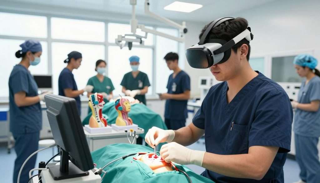 A modern surgical training environment, focused on a diverse group of medical professionals engaging in simulation training. In the foreground, a confident surgical resident, dressed in professional medical attire, wears a virtual reality headset, practicing intricate surgical maneuvers on an advanced simulator. The middle ground features high-tech surgical instruments and realistic anatomical models, showcasing a vibrant learning atmosphere. In the background, a bright, sterile training room with large windows allows natural light to flood in, enhancing the sense of innovation and forward-thinking. The overall mood is one of dedication and focus, capturing the essence of mastering new skills through simulation and mental rehearsal. The perspective is slightly elevated, highlighting the depth of the scene while maintaining clarity on the training process. A modern surgical training environment, focused on a diverse group of medical professionals engaging in simulation training. In the foreground, a confident surgical resident, dressed in professional medical attire, wears a virtual reality headset, practicing intricate surgical maneuvers on an advanced simulator. The middle ground features high-tech surgical instruments and realistic anatomical models, showcasing a vibrant learning atmosphere. In the background, a bright, sterile training room with large windows allows natural light to flood in, enhancing the sense of innovation and forward-thinking. The overall mood is one of dedication and focus, capturing the essence of mastering new skills through simulation and mental rehearsal. The perspective is slightly elevated, highlighting the depth of the scene while maintaining clarity on the training process.