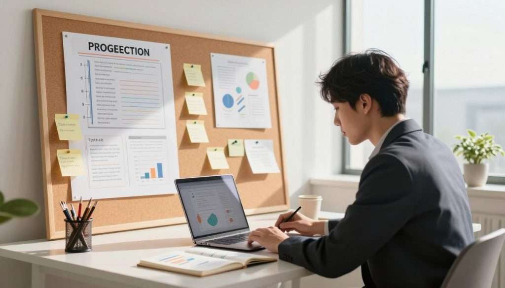 A modern workspace depicting effective learning strategies. In the foreground, a focused individual in professional attire sits at a sleek desk, studying with a laptop and open notebooks filled with colorful charts and notes. In the middle, a large corkboard displays visual progress metrics, sticky notes, and diagrams illustrating various study methods. The background features a bright, airy room with large windows allowing natural sunlight to illuminate the space, enhancing a sense of clarity and motivation. Soft shadows create a warm, inviting atmosphere, promoting a feeling of productivity. Use a shallow depth of field to emphasize the individual while keeping the corkboard and desk details sharp, capturing an inspiring scene of dedicated learning and adaptive strategies.