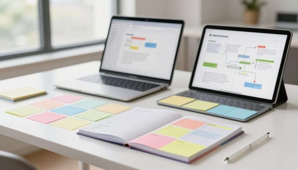 A modern workspace featuring a well-organized desk with an array of colorful, neatly arranged notes and index cards, showcasing a smart note-taking system. In the foreground, a neatly stack of notes labeled by categories, with highlighted areas for important information. The middle ground shows a laptop open to a note-taking application, alongside a sleek digital tablet displaying a visually engaging layout of interconnected ideas. In the background, a large window allows natural light to illuminate the space, creating a bright and inviting atmosphere. The mood is focused and productive, emphasizing clarity and organization. The image is captured with a shallow depth of field, blurring the background slightly to draw attention to the note organization on the desk. A modern workspace featuring a well-organized desk with an array of colorful, neatly arranged notes and index cards, showcasing a smart note-taking system. In the foreground, a neatly stack of notes labeled by categories, with highlighted areas for important information. The middle ground shows a laptop open to a note-taking application, alongside a sleek digital tablet displaying a visually engaging layout of interconnected ideas. In the background, a large window allows natural light to illuminate the space, creating a bright and inviting atmosphere. The mood is focused and productive, emphasizing clarity and organization. The image is captured with a shallow depth of field, blurring the background slightly to draw attention to the note organization on the desk.