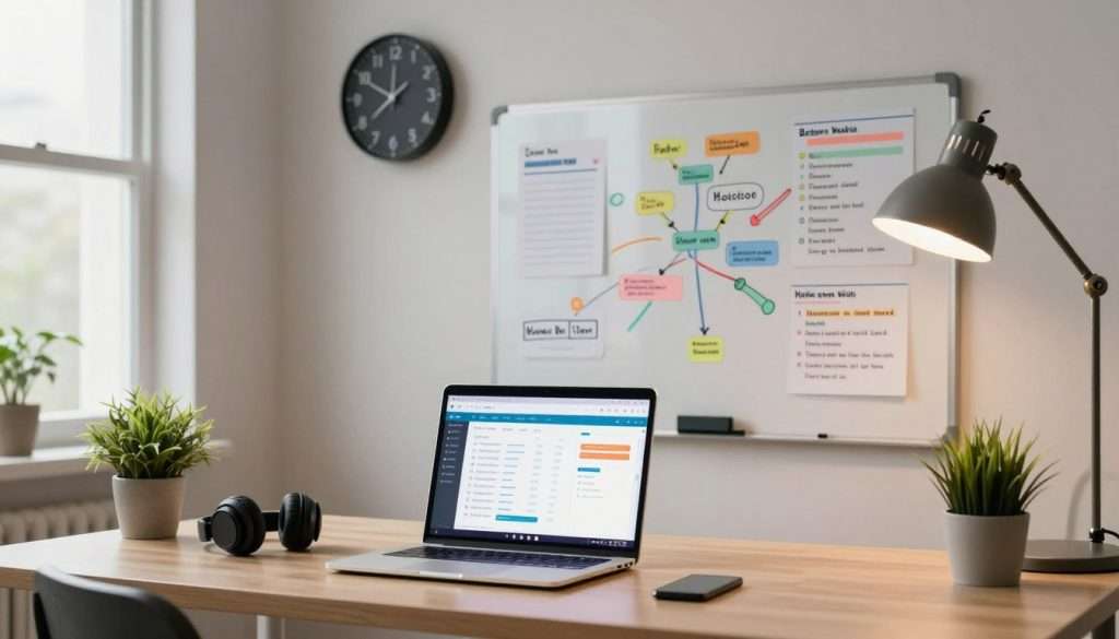 A modern workspace showcasing various productivity hacks for students. In the foreground, a neatly organized desk features a laptop displaying a productivity app, wireless headphones, and a plant for a touch of nature. In the middle, a whiteboard filled with colorful mind maps and task lists illustrates effective study techniques. A digital clock on the wall shows strategic time management, while a sleek lamp illuminates the scene with warm light. In the background, a window with soft natural light filters in, creating an inviting atmosphere. The overall mood is focused and inspiring, emphasizing the use of technology for smarter studying strategies. The professional setting is devoid of clutter, reinforcing clarity and efficiency. A modern workspace showcasing various productivity hacks for students. In the foreground, a neatly organized desk features a laptop displaying a productivity app, wireless headphones, and a plant for a touch of nature. In the middle, a whiteboard filled with colorful mind maps and task lists illustrates effective study techniques. A digital clock on the wall shows strategic time management, while a sleek lamp illuminates the scene with warm light. In the background, a window with soft natural light filters in, creating an inviting atmosphere. The overall mood is focused and inspiring, emphasizing the use of technology for smarter studying strategies. The professional setting is devoid of clutter, reinforcing clarity and efficiency.
