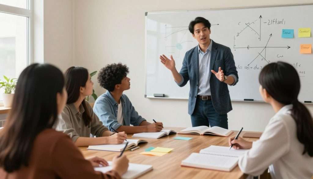 A professional educator stands confidently at a wooden desk, surrounded by open books and colorful notes, passionately explaining a complex concept to a small group of engaged students. In the foreground, the educator is depicted in smart casual attire, exuding enthusiasm and clarity. In the middle ground, students of diverse backgrounds are attentively listening, some taking notes, others leaning in to absorb the information. A whiteboard filled with simple diagrams and analogies illustrates the concept being taught, enhancing the learning atmosphere. The background features a warm, inviting classroom with soft lighting that creates a focused yet relaxed mood. The perspective is slightly elevated, capturing the dynamic interaction, while natural light streams in from a nearby window, adding to the inspiring environment.