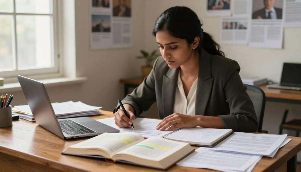 A professional journalist seated at a wooden desk, surrounded by scattered papers, books, and a laptop, deeply engaged in cross-referencing information. The foreground showcases a stack of open books displaying highlighted passages, along with a notepad filled with handwritten notes. In the middle, the journalist, a South Asian woman in smart casual attire, focuses intently on her research, illuminated by warm, soft natural light streaming through a nearby window. In the background, a wall adorned with pinned articles and photographs, hinting at an investigative piece in progress. The atmosphere is one of concentration and diligence, with a cozy yet professional feel, capturing the essence of meticulous fact-checking in journalistic practice. A professional journalist seated at a wooden desk, surrounded by scattered papers, books, and a laptop, deeply engaged in cross-referencing information. The foreground showcases a stack of open books displaying highlighted passages, along with a notepad filled with handwritten notes. In the middle, the journalist, a South Asian woman in smart casual attire, focuses intently on her research, illuminated by warm, soft natural light streaming through a nearby window. In the background, a wall adorned with pinned articles and photographs, hinting at an investigative piece in progress. The atmosphere is one of concentration and diligence, with a cozy yet professional feel, capturing the essence of meticulous fact-checking in journalistic practice.