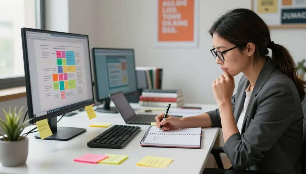 A professional woman sitting at a sleek, modern desk, surrounded by notepads, sticky notes, and digital devices, all symbolizing effective information retention. She appears focused, jotting down key insights from a colorful chart displayed on a nearby screen. The foreground features a close-up of her thoughtful expression, glasses perched on her nose, and a pen poised in hand. In the middle, the desk is cluttered with organized chaos of notes and books, highlighting the process of tracking progress. The background includes a well-lit office space with motivational posters on the walls, conveying a sense of productivity and determination. Soft, natural lighting filters in through a window, creating an inviting atmosphere. Aim for a photo-realistic style with a slight depth of field effect, focusing on the subject while gently blurring the surroundings.