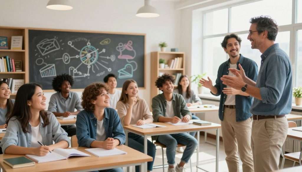 A scene depicting an educator passionately delivering a lecture in a bright, modern classroom. In the foreground, a dynamic figure—a middle-aged educator wearing smart-casual attire with a warm smile—gestures animatedly, capturing the attention of an engaged audience. The middle section shows diverse students, varying in age and ethnic backgrounds, laughing and leaning forward, their expressions reflecting interest and appreciation. The background features a large chalkboard filled with colorful diagrams and humorous illustrations related to learning, alongside bookshelves filled with educational resources. Soft, overhead lighting creates an inviting atmosphere, with sunlight filtering in through large windows. The mood is cheerful and inspiring, embodying creativity and the joy of developing a unique voice in education.