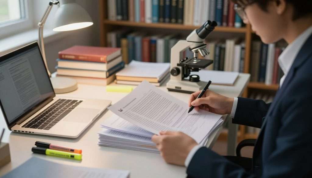 A scholarly workspace featuring an academic reviewing scientific literature. In the foreground, a person in professional attire is intently analyzing a stack of research papers, highlighters and a laptop open nearby. The middle layer shows a cluttered desk with books, notepads, and a microscope, emphasizing a focus on critical evaluation. In the background, a large bookshelf filled with books on various scientific fields creates a sense of depth, hinting at the vast amount of knowledge being explored. Soft, warm lighting from a desk lamp casts a focused glow on the papers, while natural light filters through a window, creating a calm and studious atmosphere. The angle captures the scene from a slight elevation, adding depth and importance to the act of analysis.