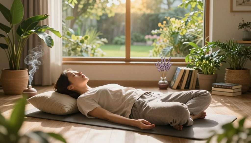 A serene and calming scene that embodies brain health and relaxation. In the foreground, a peaceful individual, dressed in modest and comfortable clothing, meditates on a soft, plush yoga mat, surrounded by lush green plants, and soft pillows. In the middle ground, a gentle flow of light illuminates a cozy room filled with calming elements like a diffuser emitting soft wisps of lavender-scented mist, and a collection of books about memory enhancement and relaxation techniques. In the background, a large window offers a view of a tranquil garden bathed in warm, golden sunlight, casting soft shadows across the room. The overall mood is tranquil and inviting, with a focus on mindfulness and the importance of restful moments for improving memory.