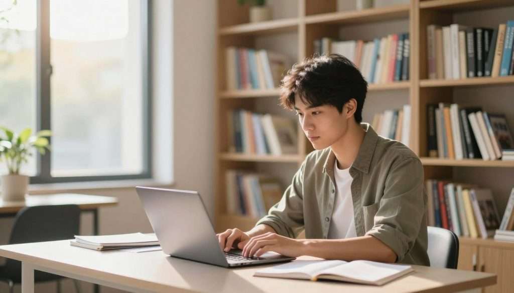 A serene and focused study environment illustrating the concept of maximizing learning. In the foreground, a young professional in smart casual attire is seated at a modern desk, deeply engaged with an open laptop and scattered notes. The middle ground features a large bookshelf filled with colorful books, symbolizing a wealth of knowledge. In the background, a softly lit window reveals a sunny day outside, casting warm light across the room, creating an inviting atmosphere. The scene should portray a sense of calm productivity, emphasizing efficiency and focus, with natural light highlighting key areas. Use a slightly blurred background for depth, as if seen through a lens with a shallow depth of field, adding a touch of warmth to evoke motivation and inspiration. A serene and focused study environment illustrating the concept of maximizing learning. In the foreground, a young professional in smart casual attire is seated at a modern desk, deeply engaged with an open laptop and scattered notes. The middle ground features a large bookshelf filled with colorful books, symbolizing a wealth of knowledge. In the background, a softly lit window reveals a sunny day outside, casting warm light across the room, creating an inviting atmosphere. The scene should portray a sense of calm productivity, emphasizing efficiency and focus, with natural light highlighting key areas. Use a slightly blurred background for depth, as if seen through a lens with a shallow depth of field, adding a touch of warmth to evoke motivation and inspiration.