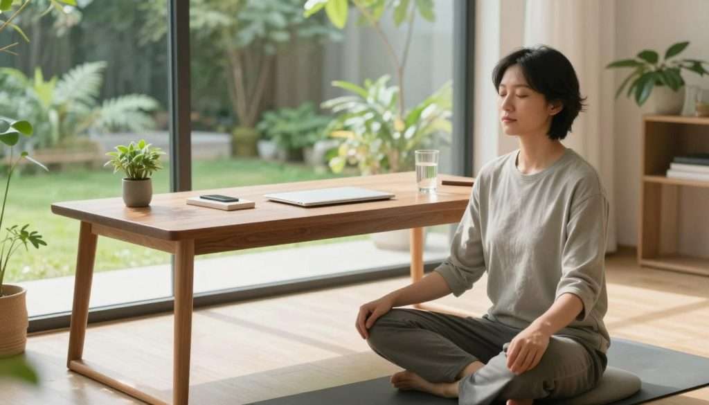 A serene and focused workspace bathed in soft, natural daylight, creating a warm and inviting atmosphere. In the foreground, a person dressed in smart casual attire sits cross-legged on a meditation cushion, eyes gently closed, with a peaceful expression, symbolizing deep mental clarity. The middle ground features a sleek wooden desk adorned with minimalist stationery, a small indoor plant, and a clear glass of water, emphasizing simplicity. In the background, large windows reveal a tranquil garden with lush greenery, enhancing a sense of calmness and focus. The overall color palette is soothing with soft greens, warm browns, and hints of white, evoking a mood of serenity and clarity. The image is captured from a slightly elevated angle, allowing a full view of the workspace and creating depth. A serene and focused workspace bathed in soft, natural daylight, creating a warm and inviting atmosphere. In the foreground, a person dressed in smart casual attire sits cross-legged on a meditation cushion, eyes gently closed, with a peaceful expression, symbolizing deep mental clarity. The middle ground features a sleek wooden desk adorned with minimalist stationery, a small indoor plant, and a clear glass of water, emphasizing simplicity. In the background, large windows reveal a tranquil garden with lush greenery, enhancing a sense of calmness and focus. The overall color palette is soothing with soft greens, warm browns, and hints of white, evoking a mood of serenity and clarity. The image is captured from a slightly elevated angle, allowing a full view of the workspace and creating depth.