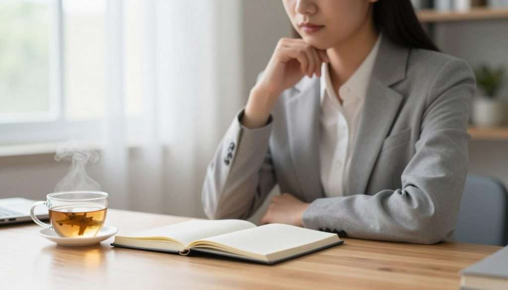 A serene and focused workspace, featuring a person sitting at a clean wooden desk, dressed in professional business attire, deeply immersed in thought. The foreground showcases a neatly arranged open notebook and a steaming cup of herbal tea, symbolizing calmness and clarity. The middle layer highlights the individual, with a soft, warm light illuminating their thoughtful expression, accentuating their concentration. The background reveals a tranquil window scene with soft daylight filtering through sheer curtains, casting gentle shadows, creating a peaceful atmosphere. The overall mood is one of tranquility and focus, emphasizing the connection between stress reduction and enhanced memory function, with a bokeh effect to draw attention to the subject while maintaining a soothing overall tone.