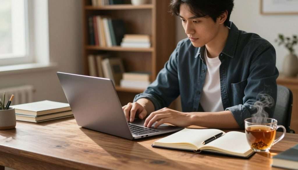 A serene and focused workspace represents the essence of expert discipline. In the foreground, a deep wooden desk showcases an open laptop displaying research materials surrounded by neatly organized notebooks, a high-end pen, and a steaming cup of herbal tea. The middle ground features a self-taught expert, a person in smart-casual attire, deeply engrossed in their work, showcasing a look of concentration. In the background, a well-stocked bookshelf filled with various resources on self-development highlights modern knowledge. Soft, warm lighting flows in from a nearby window, casting gentle shadows and creating an inviting atmosphere. The overall mood conveys commitment, focus, and the quiet determination required for deep work and learning. The scene captures the essence of leveraging modern resources in the pursuit of expertise. A serene and focused workspace represents the essence of expert discipline. In the foreground, a deep wooden desk showcases an open laptop displaying research materials surrounded by neatly organized notebooks, a high-end pen, and a steaming cup of herbal tea. The middle ground features a self-taught expert, a person in smart-casual attire, deeply engrossed in their work, showcasing a look of concentration. In the background, a well-stocked bookshelf filled with various resources on self-development highlights modern knowledge. Soft, warm lighting flows in from a nearby window, casting gentle shadows and creating an inviting atmosphere. The overall mood conveys commitment, focus, and the quiet determination required for deep work and learning. The scene captures the essence of leveraging modern resources in the pursuit of expertise.