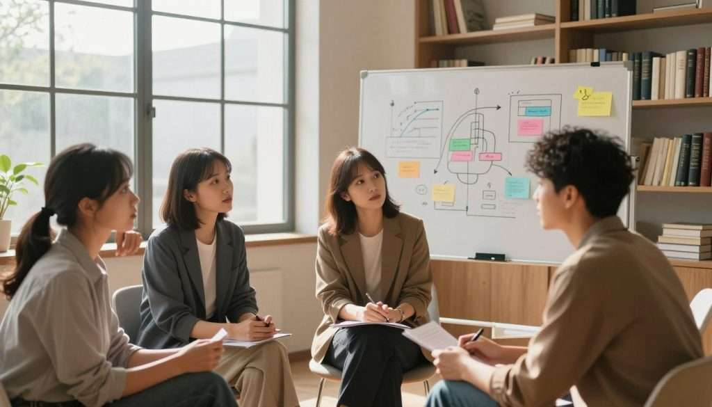 A serene and inspiring room filled with soft, natural light streaming through large windows. In the foreground, a diverse group of three professionals dressed in smart casual attire actively engaged in a brainstorming session, their faces reflecting curiosity and determination. The middle ground features a whiteboard filled with colorful diagrams and notes, symbolizing creativity and fresh ideas. In the background, shelves lined with books evoke a sense of knowledge and exploration. The scene is bathed in warm, inviting tones, creating a mood of rejuvenation and hope, as if they are breaking free from the shackles of mental exhaustion. Capture this from a slightly elevated angle to emphasize the collaborative atmosphere. A serene and inspiring room filled with soft, natural light streaming through large windows. In the foreground, a diverse group of three professionals dressed in smart casual attire actively engaged in a brainstorming session, their faces reflecting curiosity and determination. The middle ground features a whiteboard filled with colorful diagrams and notes, symbolizing creativity and fresh ideas. In the background, shelves lined with books evoke a sense of knowledge and exploration. The scene is bathed in warm, inviting tones, creating a mood of rejuvenation and hope, as if they are breaking free from the shackles of mental exhaustion. Capture this from a slightly elevated angle to emphasize the collaborative atmosphere.