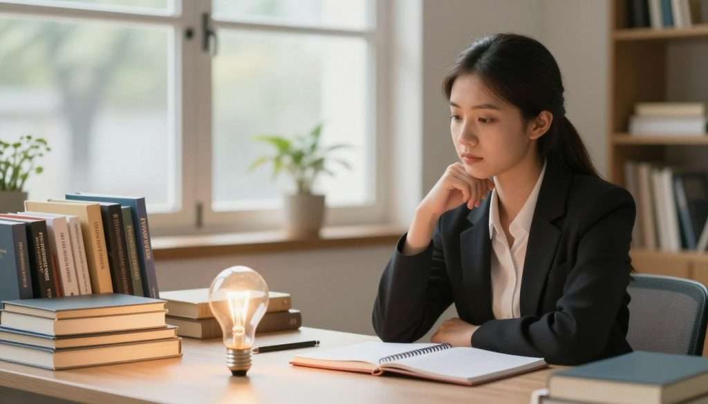 A serene and inspiring workspace featuring a thoughtful young woman sitting at a desk, surrounded by books and notebooks, deep in contemplation. She is wearing professional business attire, reflecting focus and determination. In the foreground, a glowing light bulb symbolizes ideas and insights, while in the middle, a neatly organized arrangement of educational materials illustrates personal development concepts. The background shows a window with soft, natural light streaming in, illuminating the space and creating a warm atmosphere. A faint tree can be seen outside, symbolizing growth and potential. The mood is calm and motivational, inviting viewers to reflect on their learning habits and metacognitive strategies.