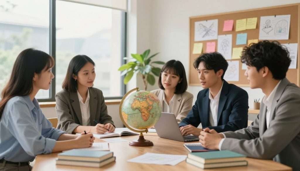 A serene and inspiring workspace showcasing the theme of curiosity. In the foreground, a diverse group of individuals—two women and a man—are engaged in a lively brainstorming session, all dressed in professional business attire. They are surrounded by an array of colorful books and a large bulletin board filled with notes and sketches. In the middle, a vintage globe and a small indoor plant add vibrancy and life to the scene. The background features a large window letting in soft, natural light that casts gentle shadows, creating a warm and inviting atmosphere. The overall mood reflects enthusiasm and intellectual exploration, illustrating the development of curiosity through daily practices. The image should be captured at eye level with a soft focus on the background to draw attention to the engaged individuals. A serene and inspiring workspace showcasing the theme of curiosity. In the foreground, a diverse group of individuals—two women and a man—are engaged in a lively brainstorming session, all dressed in professional business attire. They are surrounded by an array of colorful books and a large bulletin board filled with notes and sketches. In the middle, a vintage globe and a small indoor plant add vibrancy and life to the scene. The background features a large window letting in soft, natural light that casts gentle shadows, creating a warm and inviting atmosphere. The overall mood reflects enthusiasm and intellectual exploration, illustrating the development of curiosity through daily practices. The image should be captured at eye level with a soft focus on the background to draw attention to the engaged individuals.