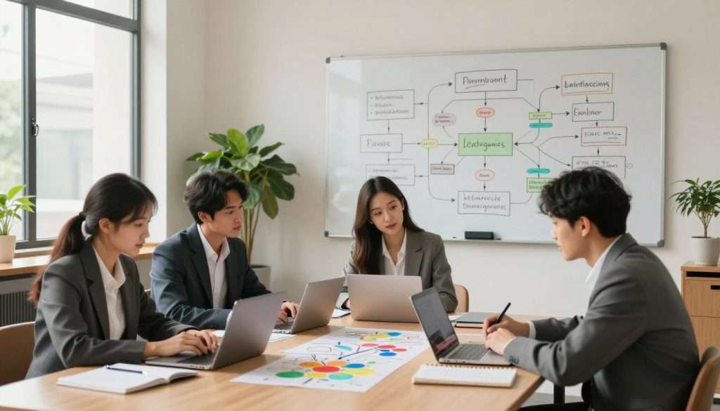 A serene and organized study environment showcasing efficient learning strategies. In the foreground, a diverse group of three individuals in professional business attire, engaged in collaborative learning around a large table, surrounded by open notebooks, laptops, and colorful mind maps. In the middle ground, a large whiteboard filled with flowcharts and diagrams representing various learning techniques, balanced with plants for a touch of nature. The background features large windows allowing soft, natural light to illuminate the workspace, creating a warm and inviting atmosphere. The overall mood is focused and inspiring, emphasizing a sustainable, long-term approach to learning and growth, captured with a wide-angle lens for a spacious feel.