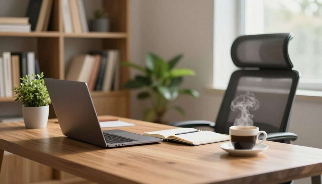 A serene and organized workspace designed for deep focus and cognitive productivity. In the foreground, a polished wooden desk with a clean surface, featuring an open laptop, a notebook, and a steaming cup of coffee. The middle ground includes a comfortable ergonomic chair and a small, lush green plant, symbolizing tranquility and growth. In the background, a softly lit bookshelf filled with books in neutral tones, promoting a calm learning environment. Natural light streams through a large window, casting gentle shadows and creating an inviting atmosphere. The mood is peaceful yet intellectually stimulating, emphasizing clarity and concentration, captured from a slight angle to enhance depth and perspective.