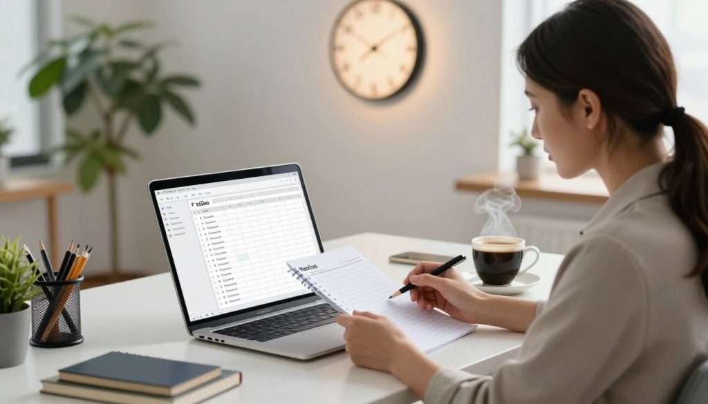 A serene and organized workspace in a modern office setting, showcasing a stylish desk with neatly arranged stationery, a digital planner displaying color-coded tasks, and a cup of coffee steaming gently. In the foreground, a professional woman in smart casual attire thoughtfully evaluates her to-do list, exuding focus and calm determination. The middle ground features a wall clock with soft, ambient lighting, symbolizing the passage of time. In the background, the image subtly blends a lush green plant and a window with soft natural light, creating an inviting atmosphere that reflects balance and productivity. The mood is inspiring and motivating, emphasizing the theme of energy management in task prioritization, captured from a slightly elevated perspective to create depth. A serene and organized workspace in a modern office setting, showcasing a stylish desk with neatly arranged stationery, a digital planner displaying color-coded tasks, and a cup of coffee steaming gently. In the foreground, a professional woman in smart casual attire thoughtfully evaluates her to-do list, exuding focus and calm determination. The middle ground features a wall clock with soft, ambient lighting, symbolizing the passage of time. In the background, the image subtly blends a lush green plant and a window with soft natural light, creating an inviting atmosphere that reflects balance and productivity. The mood is inspiring and motivating, emphasizing the theme of energy management in task prioritization, captured from a slightly elevated perspective to create depth.
