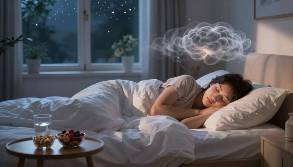 A serene bedroom scene at night, featuring a cozy bed with a person peacefully sleeping, surrounded by soft, moonlit shadows. In the foreground, a small bedside table holds a glass of water and a bowl of nutritious snacks like nuts and berries, symbolizing the importance of nutrition. The middle ground showcases a calming landscape view of trees outside the window, bathed in gentle starlight, enhancing the peaceful atmosphere. The background is a softly lit room with warm tones, promoting tranquility. A dreamlike quality is added with ethereal, swirling clouds above the sleeping figure, representing cognitive processes during sleep. The overall mood is calming and restorative, focusing on the vital role of sleep and nutrition in boosting memory. The image should be captured with a wide-angle lens to encapsulate the tranquility of the setting. A serene bedroom scene at night, featuring a cozy bed with a person peacefully sleeping, surrounded by soft, moonlit shadows. In the foreground, a small bedside table holds a glass of water and a bowl of nutritious snacks like nuts and berries, symbolizing the importance of nutrition. The middle ground showcases a calming landscape view of trees outside the window, bathed in gentle starlight, enhancing the peaceful atmosphere. The background is a softly lit room with warm tones, promoting tranquility. A dreamlike quality is added with ethereal, swirling clouds above the sleeping figure, representing cognitive processes during sleep. The overall mood is calming and restorative, focusing on the vital role of sleep and nutrition in boosting memory. The image should be captured with a wide-angle lens to encapsulate the tranquility of the setting.
