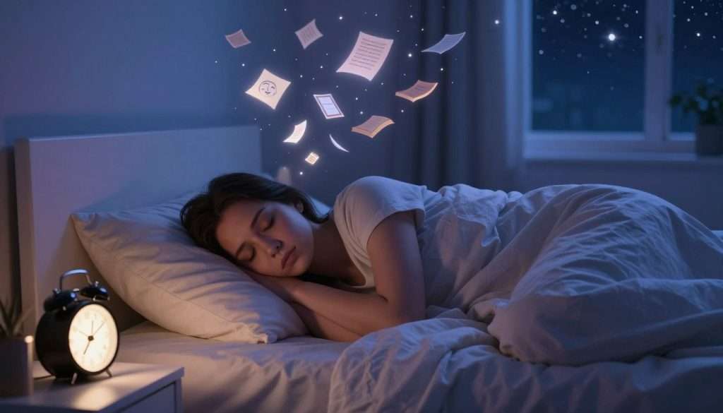 A serene bedroom scene at night, featuring a peaceful person sleeping in a cozy bed, surrounded by soft pillows and blankets. The foreground shows a bedside table with a glowing alarm clock, casting a gentle light. In the middle ground, a dreamlike visualization of floating memories, represented as ethereal, luminous shapes or symbols — books, faces, and notes — drifting towards the sleeping figure. In the background, a window reveals a starry night sky, symbolizing tranquility and the passage of time. The atmosphere is calm and introspective, with soft blue and purple hues enhancing the mood. Use soft, diffused lighting to create a soothing effect, capturing the essence of rest and memory consolidation. A serene bedroom scene at night, featuring a peaceful person sleeping in a cozy bed, surrounded by soft pillows and blankets. The foreground shows a bedside table with a glowing alarm clock, casting a gentle light. In the middle ground, a dreamlike visualization of floating memories, represented as ethereal, luminous shapes or symbols — books, faces, and notes — drifting towards the sleeping figure. In the background, a window reveals a starry night sky, symbolizing tranquility and the passage of time. The atmosphere is calm and introspective, with soft blue and purple hues enhancing the mood. Use soft, diffused lighting to create a soothing effect, capturing the essence of rest and memory consolidation.