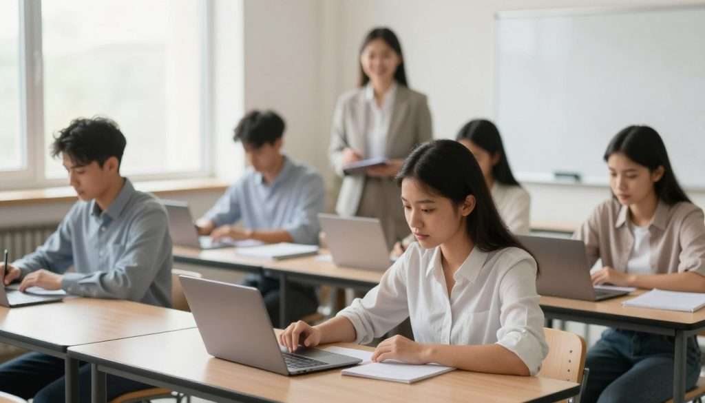A serene classroom filled with quiet students deeply engaged in their work. In the foreground, a diverse group of five students, dressed in professional business attire and modest casual clothing, are seated at their desks. Each student exhibits a focused expression, with notepads and laptops open, absorbed in their studies. The middle ground showcases a teacher at the front of the class, observing the students with an encouraging smile, symbolizing positive teacher engagement. The background features soft, natural light filtering through large windows, illuminating the classroom atmosphere and creating a warm, inviting glow. The mood is calm yet productive, emphasizing concentration and individual learning in a supportive educational environment. A serene classroom filled with quiet students deeply engaged in their work. In the foreground, a diverse group of five students, dressed in professional business attire and modest casual clothing, are seated at their desks. Each student exhibits a focused expression, with notepads and laptops open, absorbed in their studies. The middle ground showcases a teacher at the front of the class, observing the students with an encouraging smile, symbolizing positive teacher engagement. The background features soft, natural light filtering through large windows, illuminating the classroom atmosphere and creating a warm, inviting glow. The mood is calm yet productive, emphasizing concentration and individual learning in a supportive educational environment.