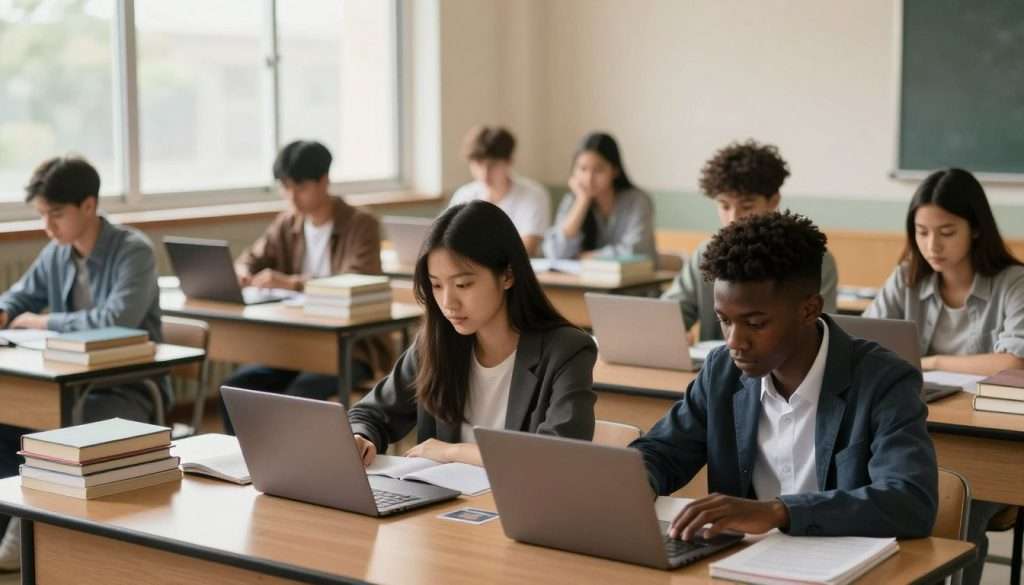 A serene classroom scene featuring a diverse group of quiet students engaged in deep concentration as they study. In the foreground, two students—one Asian and one Black—are seated at a wooden table, focused on their laptops and textbooks, dressed in smart casual clothing. In the middle ground, additional students, including a Latina girl and a Caucasian boy, are surrounded by stacks of books and notebooks, some taking notes while others look thoughtfully at their screens. The background reveals a warm, inviting classroom with soft natural light streaming through tall windows, casting gentle shadows. The mood is calm and introspective, emphasizing the peaceful yet productive environment of quiet learning. The angle captures the depth of the room, enhancing the sense of focus and contemplation among the students. A serene classroom scene featuring a diverse group of quiet students engaged in deep concentration as they study. In the foreground, two students—one Asian and one Black—are seated at a wooden table, focused on their laptops and textbooks, dressed in smart casual clothing. In the middle ground, additional students, including a Latina girl and a Caucasian boy, are surrounded by stacks of books and notebooks, some taking notes while others look thoughtfully at their screens. The background reveals a warm, inviting classroom with soft natural light streaming through tall windows, casting gentle shadows. The mood is calm and introspective, emphasizing the peaceful yet productive environment of quiet learning. The angle captures the depth of the room, enhancing the sense of focus and contemplation among the students.