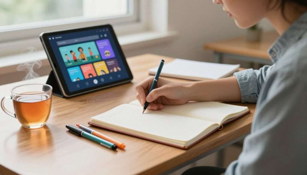A serene classroom scene showcasing the contrast between traditional and modern learning methods. In the foreground, a wooden desk with an open, well-worn paper notebook, colorful pens scattered around, and a cup of steaming tea, exuding warmth and familiarity. The middle ground features a student in smart casual attire, deeply focused on writing in the notebook, highlighting the essence of analog learning. In the background, a sleek, high-tech digital tablet rests on a minimalist table, displaying vibrant educational apps, representing modern learning. Soft natural light streams in through large windows, creating a bright and inviting atmosphere. The entire composition emphasizes a juxtaposition of comfort and innovation, conveying an engaging and thoughtful mood.