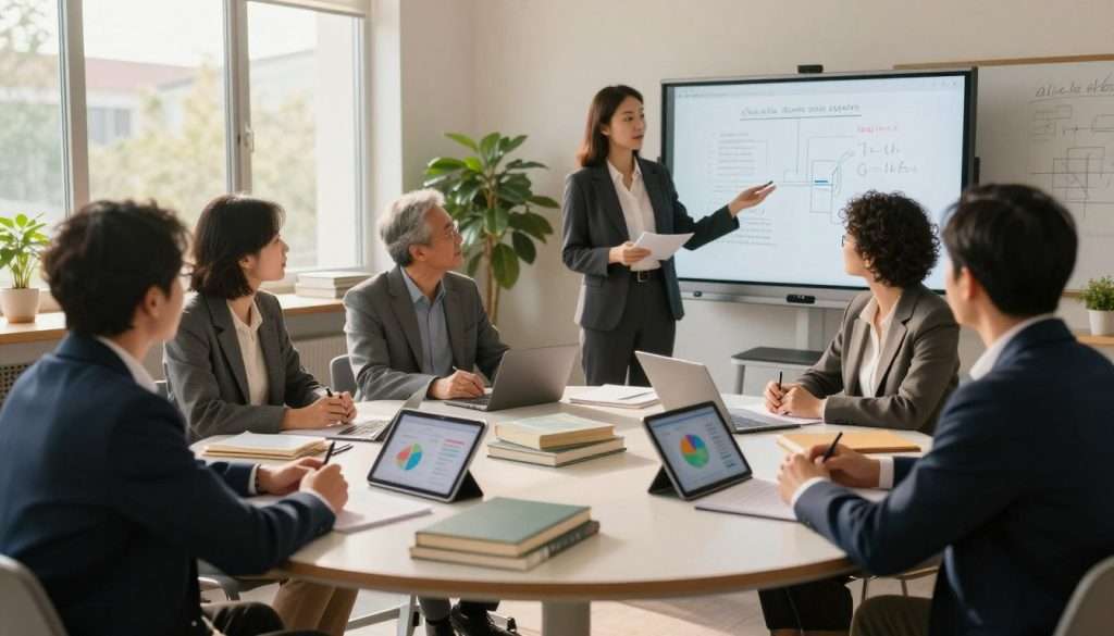 A serene classroom setting, where a diverse group of adults, dressed in professional business attire, engage in a collaborative learning environment. In the foreground, a round table is filled with educational materials: books, digital tablets displaying colorful charts, and interactive whiteboard drawings. The middle ground features a teacher guiding the discussion, using engaging visuals to illustrate concepts. In the background, large windows let in warm, natural light, creating a welcoming atmosphere. Soft shadows add depth to the scene, while potted plants provide a touch of nature, enhancing the learning ambiance. The overall mood is one of focus, encouragement, and insightful dialogue, emphasizing strategies for deep understanding in education.