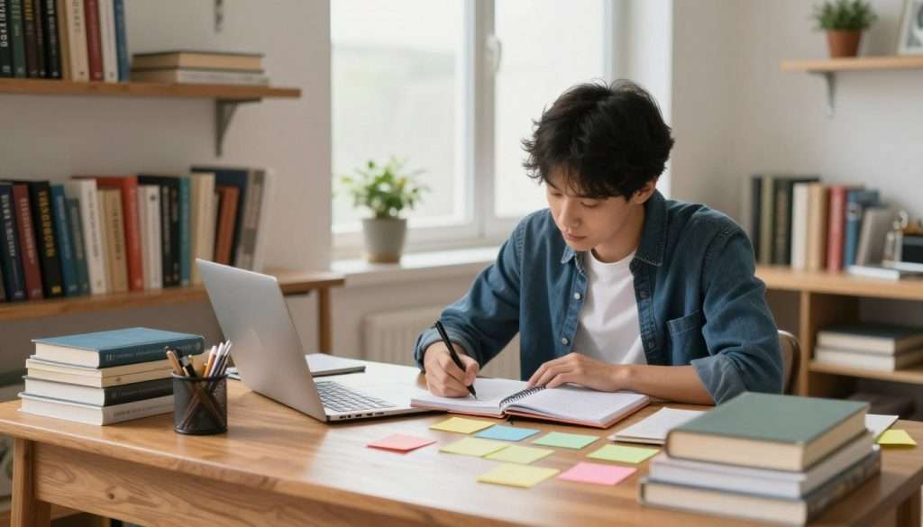 A serene, cozy study space dominated by an oak desk at the forefront, cluttered with neatly organized books and study materials. In the center, a focused student dressed in smart casual attire is engaged in metacognitive strategies, jotting notes in a planner and surrounded by colorful sticky notes. The middle ground features shelves lined with educational books and a small potted plant, adding a touch of life. In the background, a large window allows soft, natural light to flood the room, illuminating the scene and creating a warm, inspiring atmosphere. The composition should emphasize the student’s concentration and the vibrant energy of the study space, with a soft focus to convey a sense of clarity and purpose. A serene, cozy study space dominated by an oak desk at the forefront, cluttered with neatly organized books and study materials. In the center, a focused student dressed in smart casual attire is engaged in metacognitive strategies, jotting notes in a planner and surrounded by colorful sticky notes. The middle ground features shelves lined with educational books and a small potted plant, adding a touch of life. In the background, a large window allows soft, natural light to flood the room, illuminating the scene and creating a warm, inspiring atmosphere. The composition should emphasize the student’s concentration and the vibrant energy of the study space, with a soft focus to convey a sense of clarity and purpose.