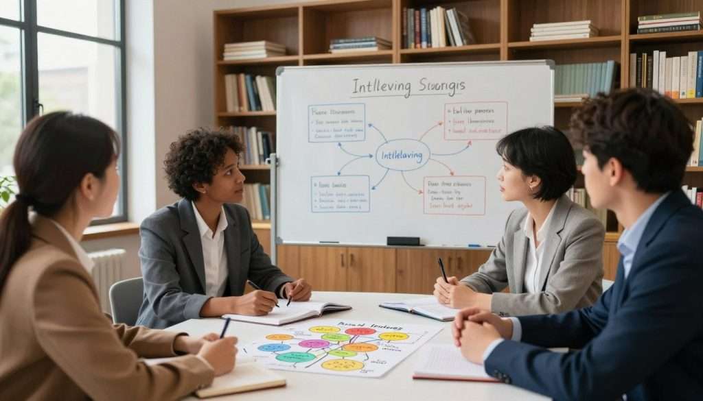 A serene educational setting showcasing interleaving strategies in skill acquisition. In the foreground, a diverse group of three professionals, dressed in smart casual attire, are engaged in a lively discussion around a table filled with notebooks and colorful mind maps. In the middle ground, a whiteboard displays diagrams illustrating various learning techniques, like spaced repetition and interleaving. The background features tall bookshelves filled with educational materials and a large window allowing soft, natural light to illuminate the scene, creating a warm, inviting atmosphere. The overall mood is focused and collaborative, capturing the essence of active learning and knowledge sharing, with an emphasis on the importance of varied practice for deeper understanding.