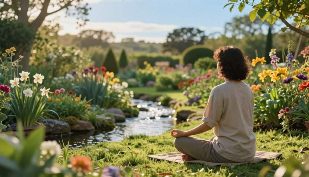 A serene garden scene representing mindfulness practices, focusing on a peaceful figure practicing meditation in the foreground, dressed in modest, casual clothing. The individual is seated cross-legged on a soft patch of grass, surrounded by vibrant flowers and lush greenery that symbolize thought growth. In the middle ground, a gentle stream flows, reflecting soft sunlight, enhancing the tranquil atmosphere. The background features a soft-focus view of distant trees and a clear blue sky, creating a sense of depth and calm. The lighting is warm and inviting, capturing the golden hour glow, while the overall mood exudes tranquility and mindfulness, inviting the viewer to reflect on nurturing thoughts like a garden.