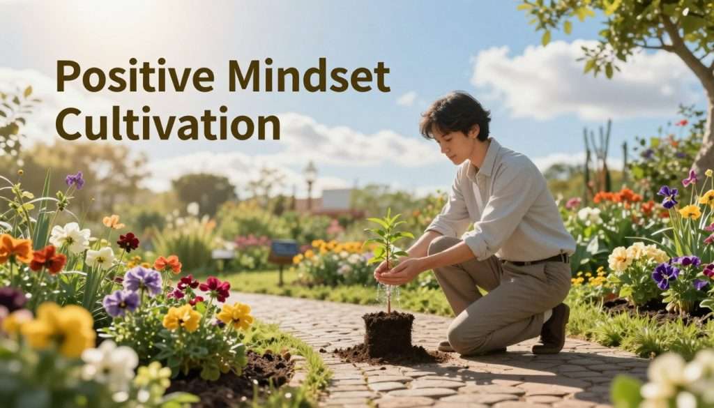A serene garden scene that embodies the concept of "Positive Mindset Cultivation." In the foreground, vibrant flowers bloom, symbolizing positive thoughts, while a cobblestone path winds through the garden, representing personal growth. In the middle ground, a person dressed in casual professional attire kneels beside a small, flourishing plant, gently nurturing it with water, reflecting self-care and mindfulness. The background reveals a clear blue sky with warm sunlight filtering through soft, fluffy clouds, creating a tranquil and uplifting atmosphere. Soft shadows are cast on the ground, enhancing the warmth of the scene. The overall mood is peaceful and nurturing, inviting viewers to embrace cognitive wellness as part of their seasonal maintenance.
