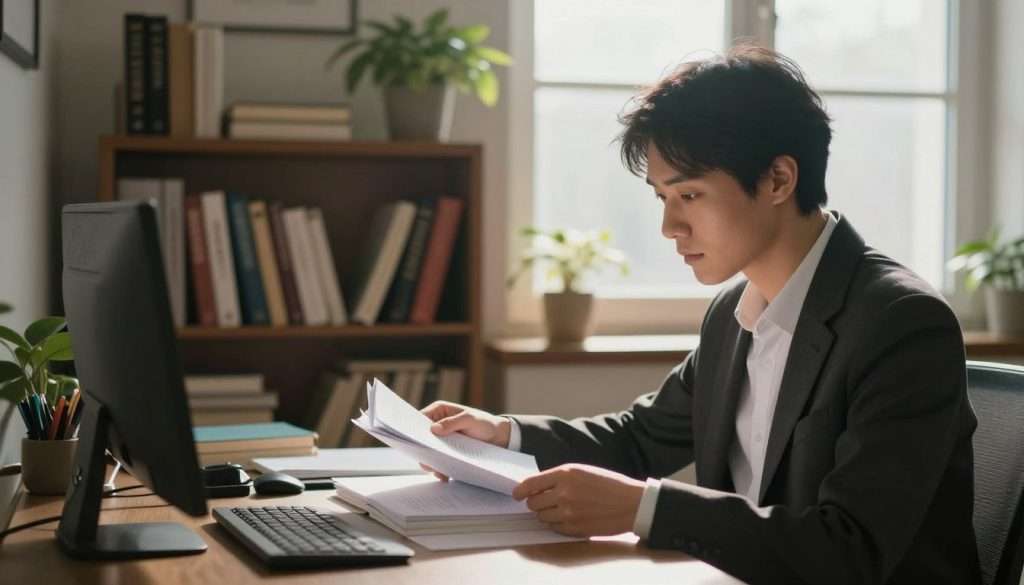 A serene home office scene showcasing the quiet discipline of a self-taught expert. In the foreground, a focused individual in professional attire sits at a desk, reviewing notes and books, conveying concentration and determination. The middle ground features an organized bookshelf filled with diverse literature and a potted plant, symbolizing growth and knowledge. The background shows a softly lit window with a gentle morning light pouring in, casting warm shadows that create a calm atmosphere. The overall mood is one of introspective focus and dedication, highlighting the solitary journey of learning. Soft, natural lighting accentuates the individual’s thoughtful expression, captured from a slightly elevated angle to emphasize their engagement with the materials. A serene home office scene showcasing the quiet discipline of a self-taught expert. In the foreground, a focused individual in professional attire sits at a desk, reviewing notes and books, conveying concentration and determination. The middle ground features an organized bookshelf filled with diverse literature and a potted plant, symbolizing growth and knowledge. The background shows a softly lit window with a gentle morning light pouring in, casting warm shadows that create a calm atmosphere. The overall mood is one of introspective focus and dedication, highlighting the solitary journey of learning. Soft, natural lighting accentuates the individual’s thoughtful expression, captured from a slightly elevated angle to emphasize their engagement with the materials.