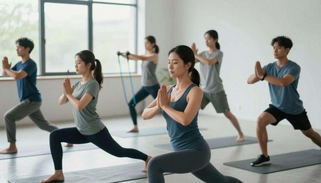 A serene indoor environment where a diverse group of professionals, dressed in smart casual clothing, are engaged in light exercise routines. In the foreground, a woman is practicing yoga, focusing on her breath, while a man nearby performs gentle stretches, embodying concentration and calmness. In the middle ground, another person is using a resistance band, enhancing both flexibility and focus. The background shows large windows with natural light streaming in, illuminating the space and casting soft shadows, creating an inviting atmosphere. The color palette consists of soothing blues and greens, emphasizing mental clarity and tranquility. The composition captures a sense of harmony and determination, encouraging viewers to embrace exercise as a strategy for improved concentration and mental clarity. A serene indoor environment where a diverse group of professionals, dressed in smart casual clothing, are engaged in light exercise routines. In the foreground, a woman is practicing yoga, focusing on her breath, while a man nearby performs gentle stretches, embodying concentration and calmness. In the middle ground, another person is using a resistance band, enhancing both flexibility and focus. The background shows large windows with natural light streaming in, illuminating the space and casting soft shadows, creating an inviting atmosphere. The color palette consists of soothing blues and greens, emphasizing mental clarity and tranquility. The composition captures a sense of harmony and determination, encouraging viewers to embrace exercise as a strategy for improved concentration and mental clarity.